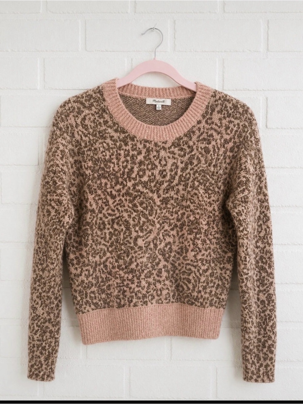 Madewell Cozy Leopard-Print Crewneck Sweater - Pink & Brown Merino Wool Sz XS
